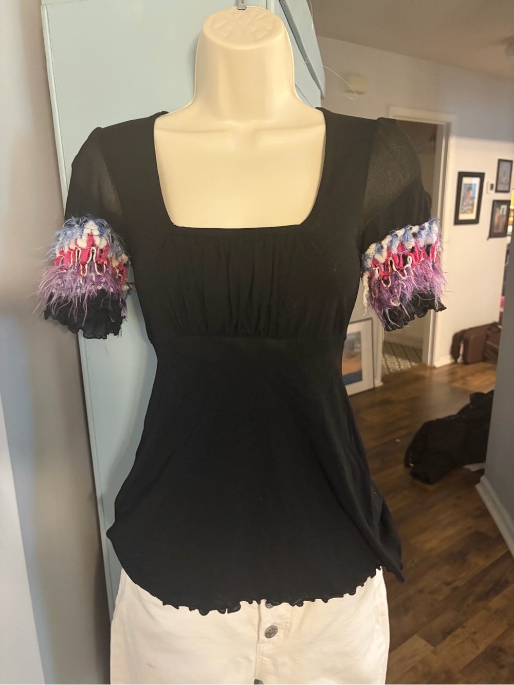 Sweet Pea Vintage Mesh tee with Fringe sleeves - XS